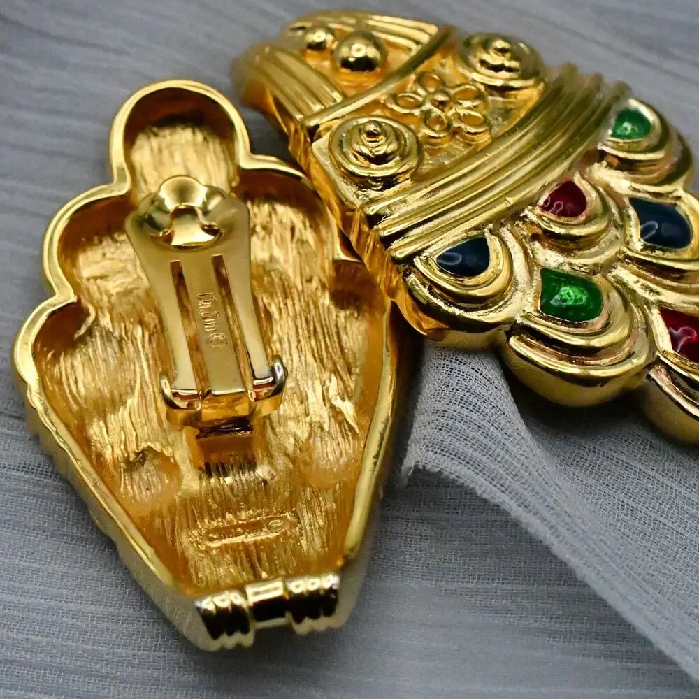Vintage Christian Dior 1980s Runway Etruscan Revival Enamel Shield Earrings 2" - Picture 6 of 11